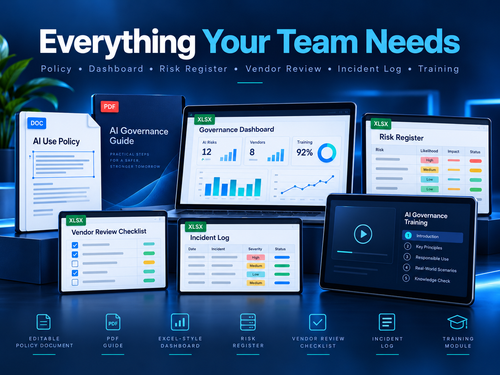 AI Governance Starter Kit contents including policy dashboard risk register vendor review incident log and training